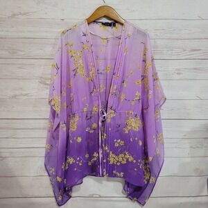 Apt 9 Sheer Kimono Top Womens Medium Purple Ombre Floral Relaxed Feminine